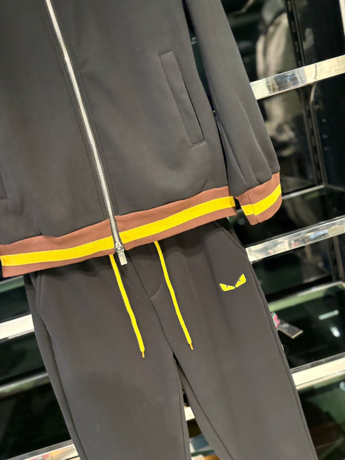 Fendi "Bag Bugs" Monster Eyes Tracksuit Set - Black with Yellow & Brown Trim