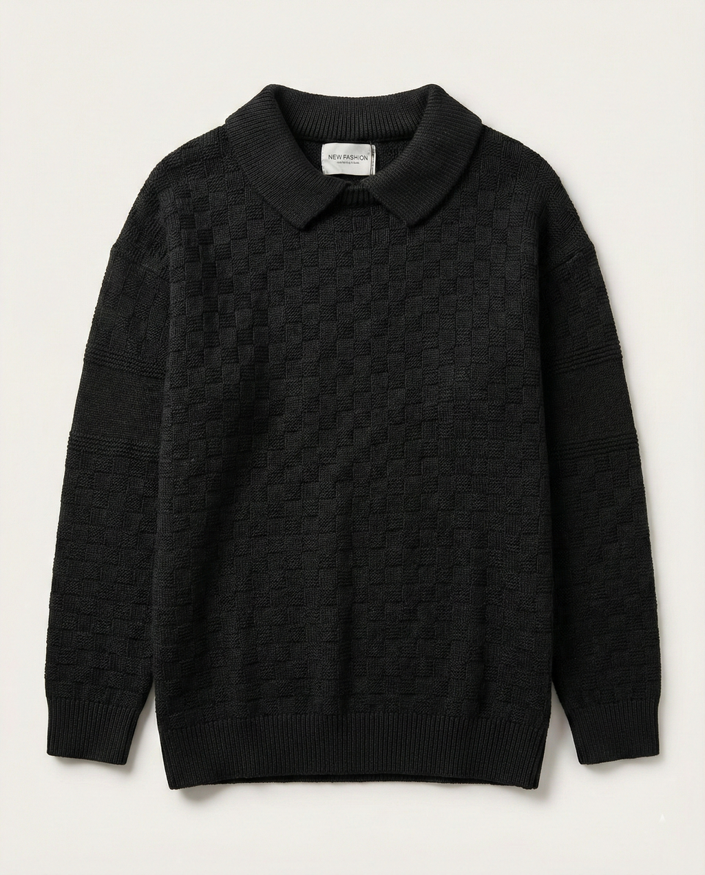 FASHION - Tonal Geometric Jacquard Polo – Onyx Black