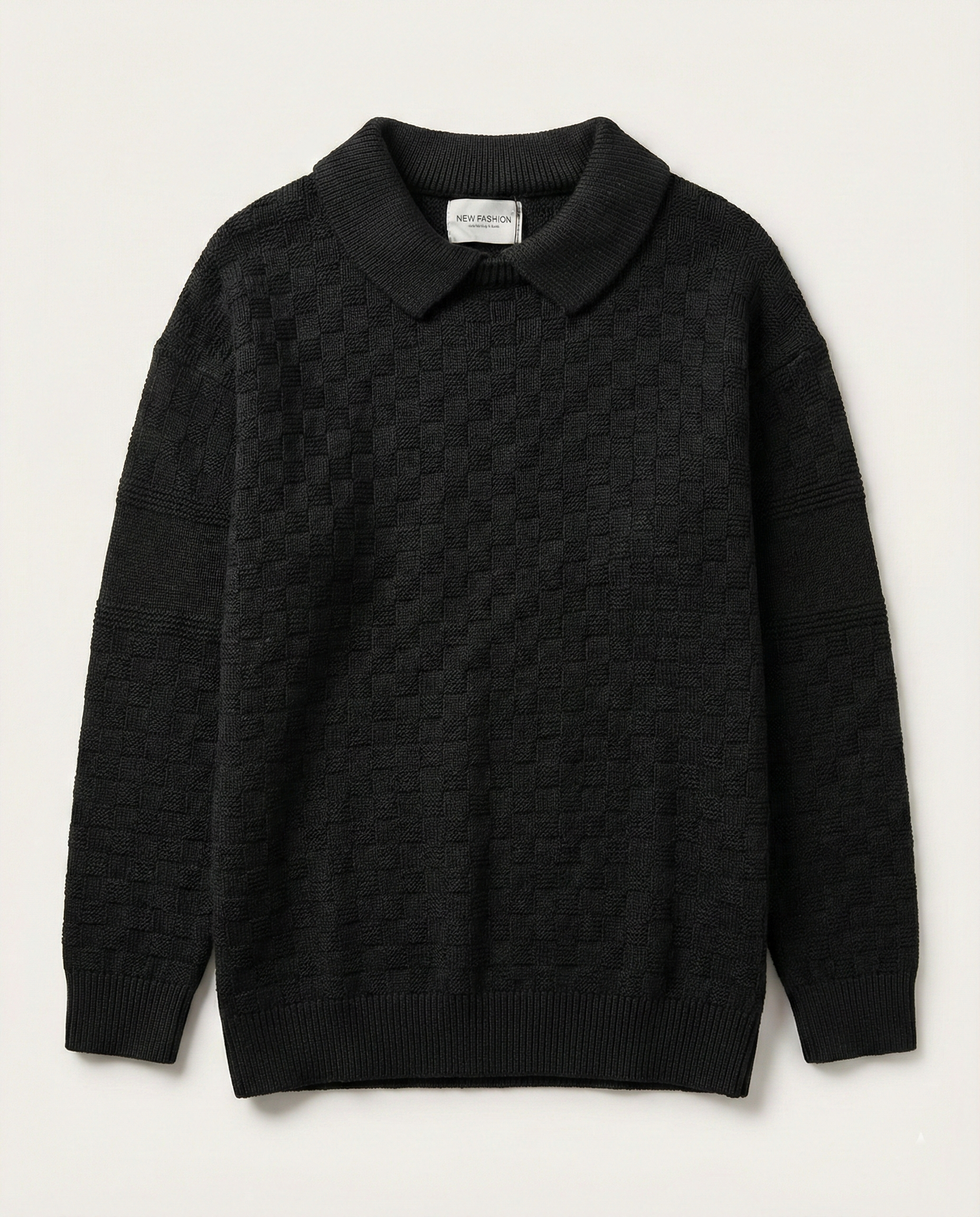 FASHION - Tonal Geometric Jacquard Polo – Onyx Black