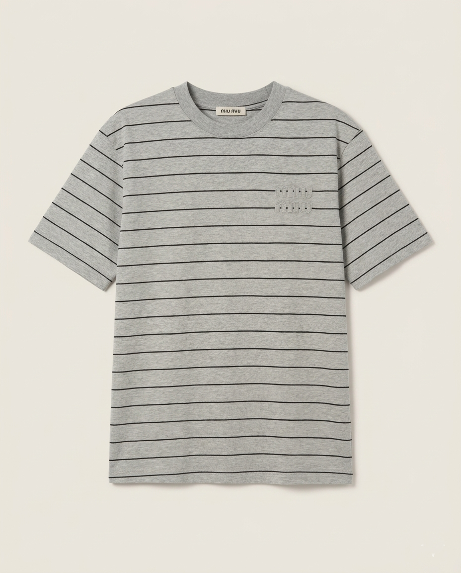Miu Miu - Striped Cotton Jersey Logo T-Shirt - Heather Grey