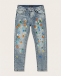 PLETN -Multi-Color Skull & Hexagon Embroidered Light Wash Denim Jeans