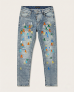 PLETN -Multi-Color Skull & Hexagon Embroidered Light Wash Denim Jeans