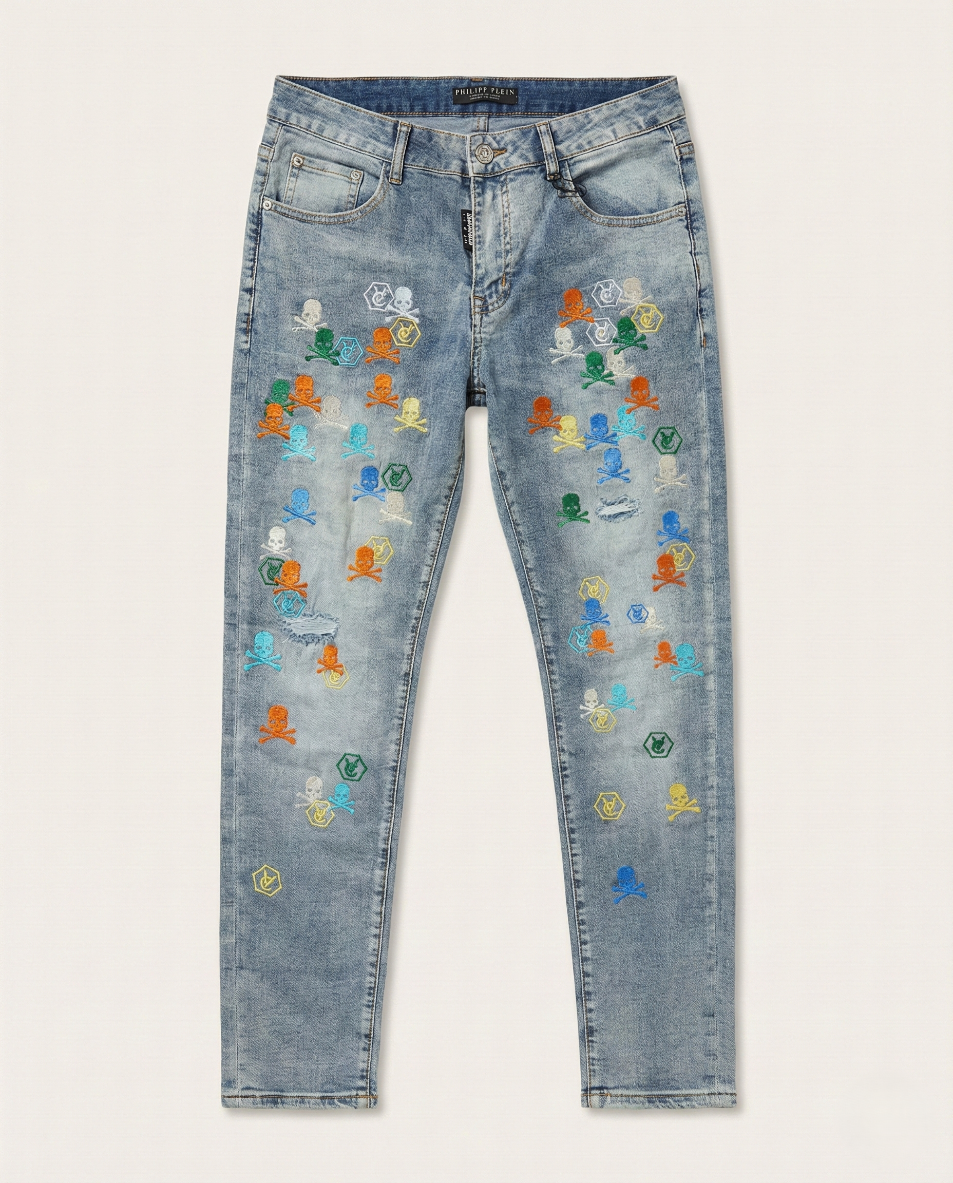PLETN -Multi-Color Skull & Hexagon Embroidered Light Wash Denim Jeans