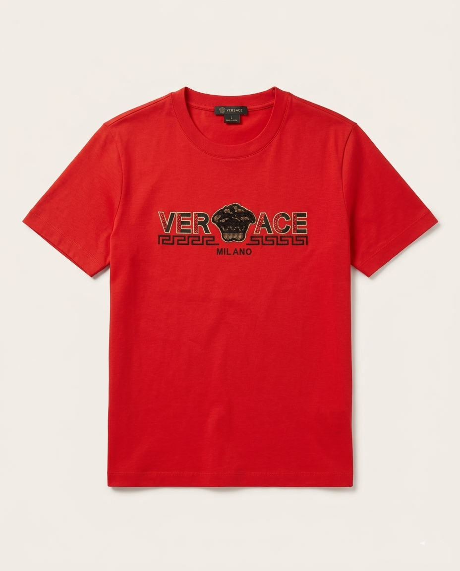 Versace - Men’s Red Medusa Emblem T-Shirt – Milano Edition with Greca Border