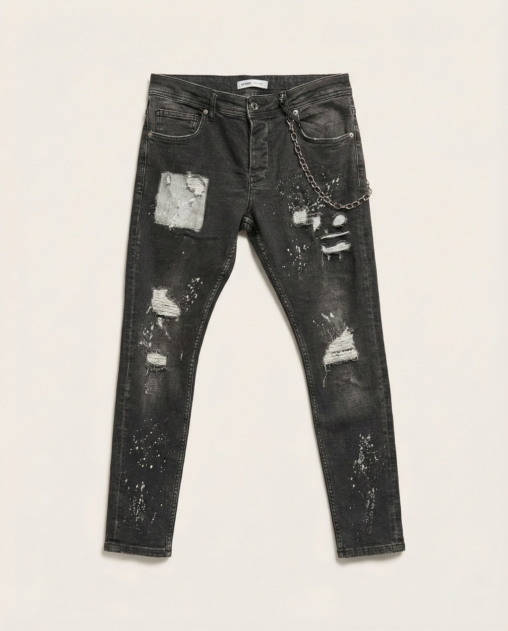 2Y Premium - Distressed Paint-Splatter Jeans with Chain | Vintage Black