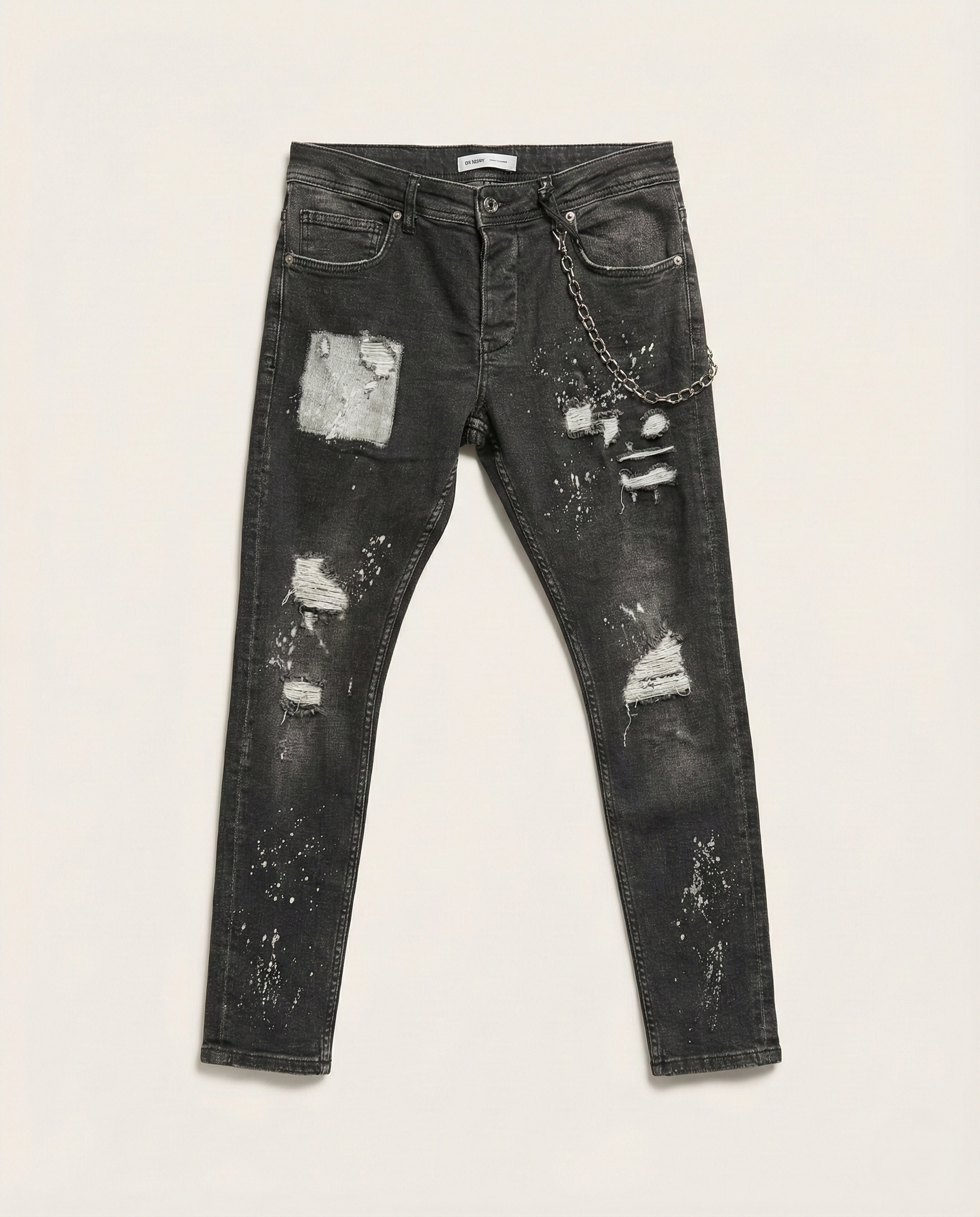 2Y Premium - Distressed Paint-Splatter Jeans with Chain | Vintage Black