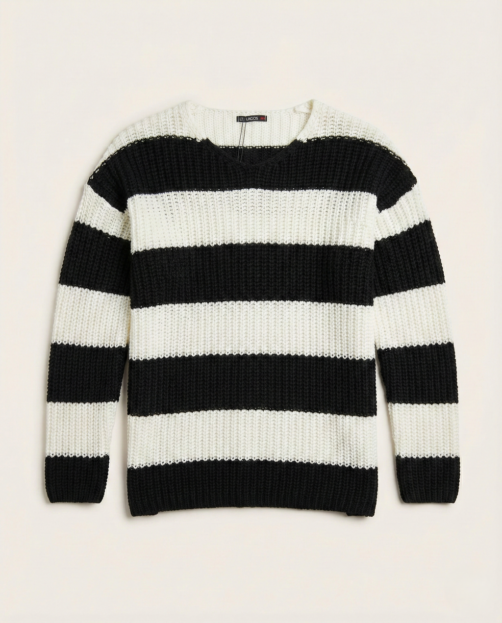 LAGOS - Bold Stripe Heavy-Gauge V-Neck – Noir & Ivory