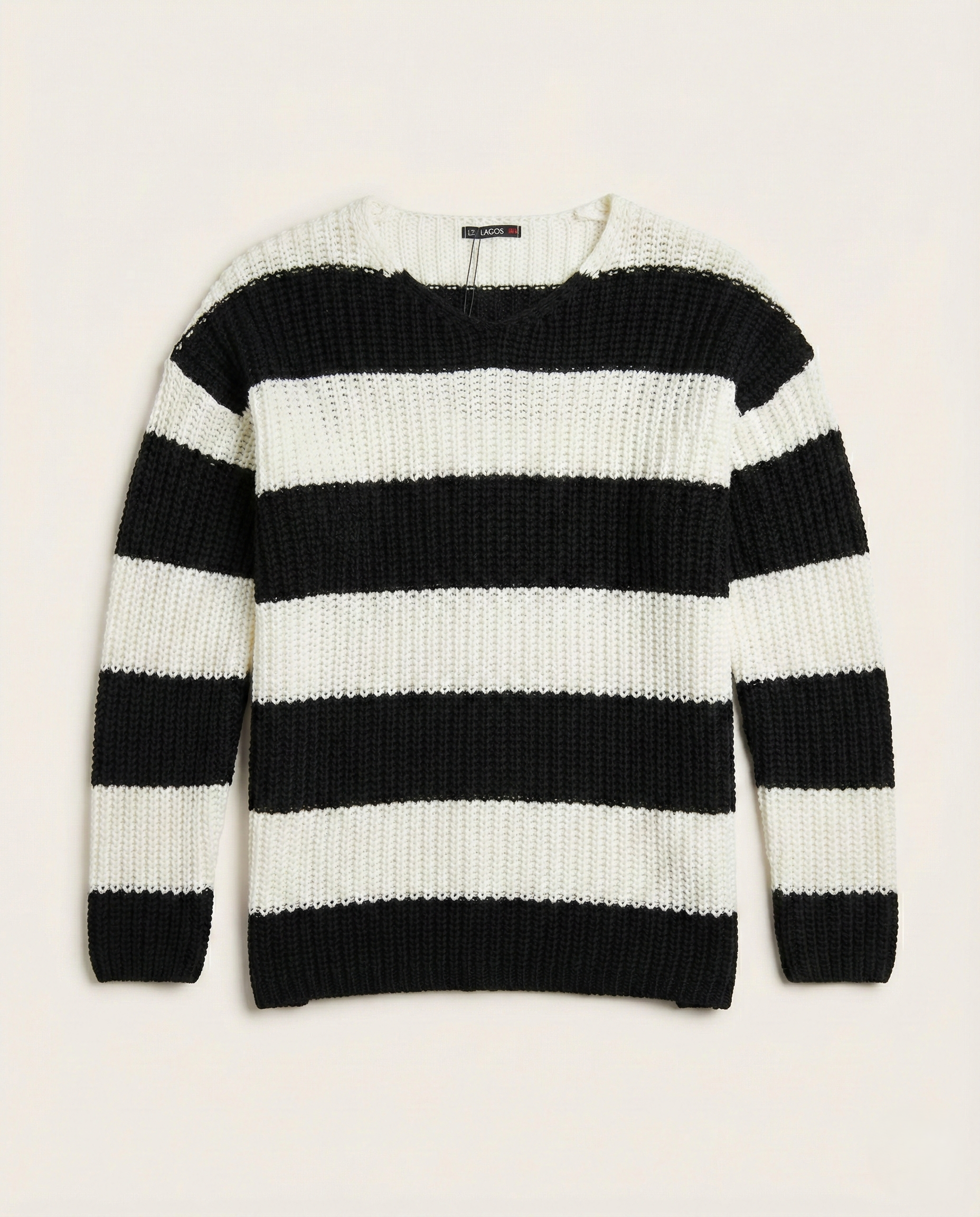 LAGOS - Bold Stripe Heavy-Gauge V-Neck – Noir & Ivory
