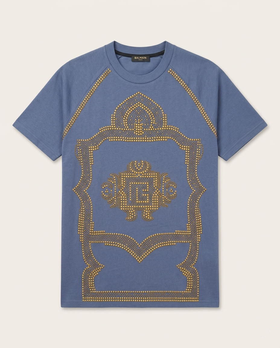 Balmain - Gold Studded Crest T-Shirt - Slate Blue