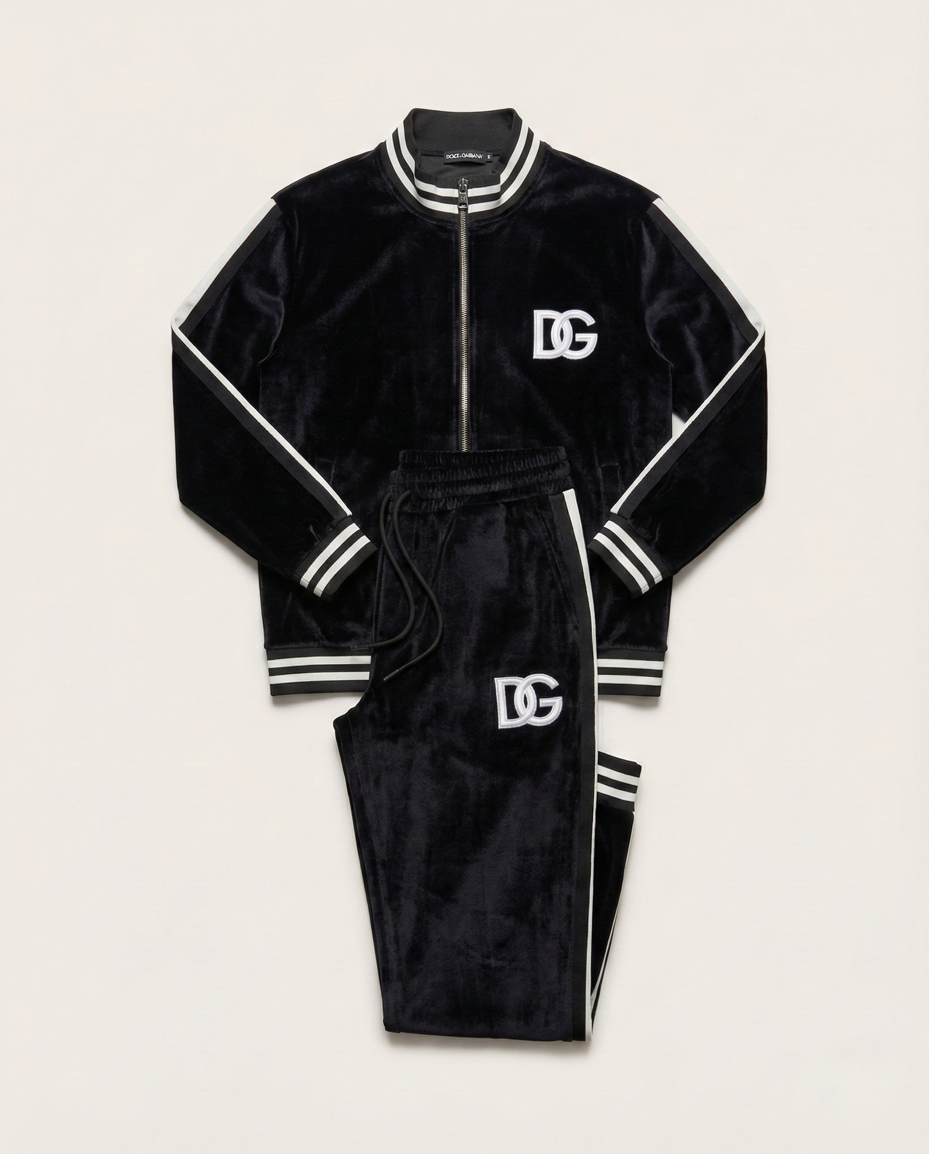 Dolce & Gabbana - Luxury Black Velvet Tracksuit Set – DG Logo & White Stripe Detail