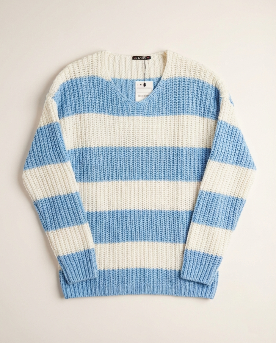 LAGOS - Heavy-Gauge Azure Stripe V-Neck – Sky Blue & Ivory