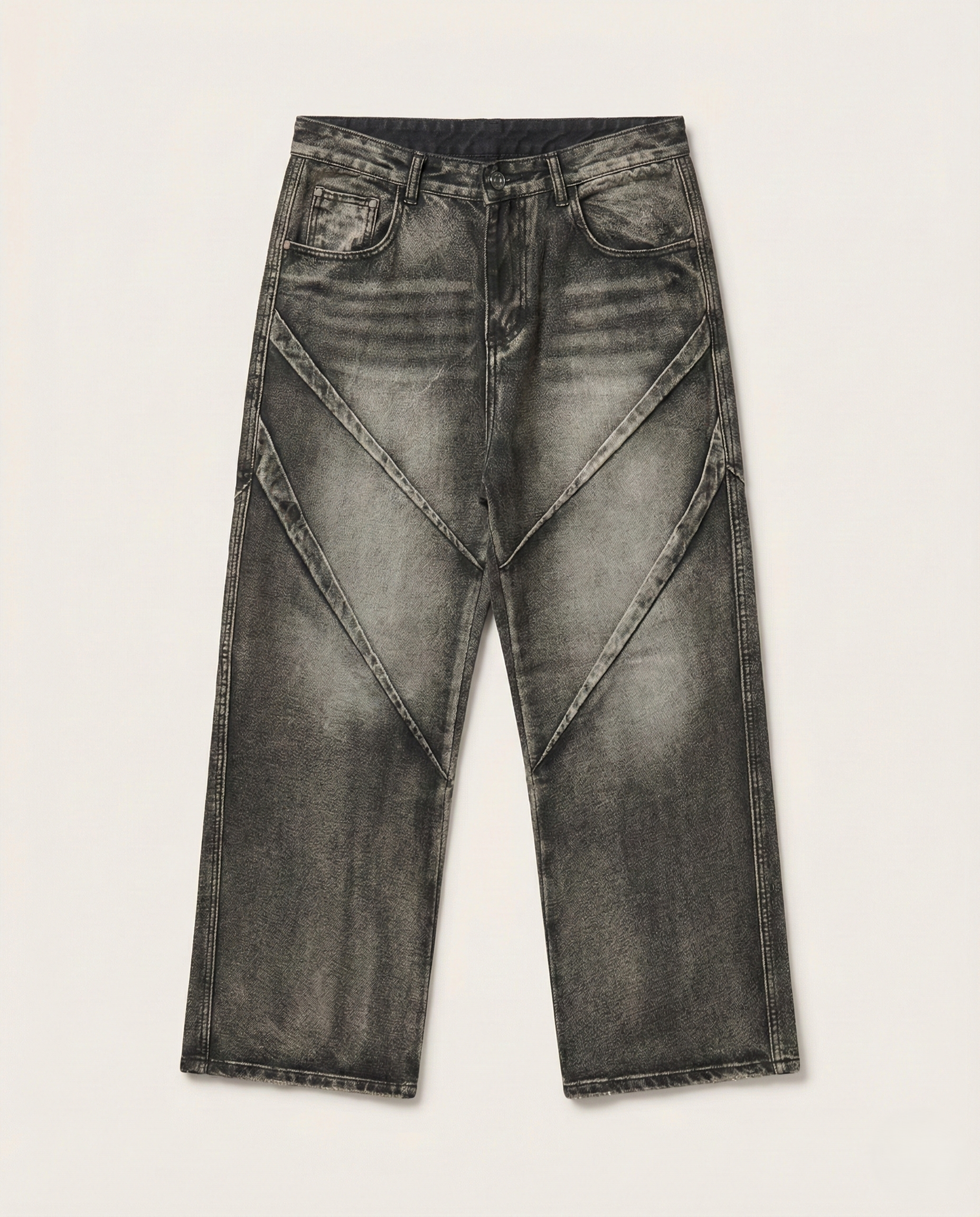 Fashion - Vintage Wash Geometric Panel Wide-Leg Jeans – Faded Charcoal