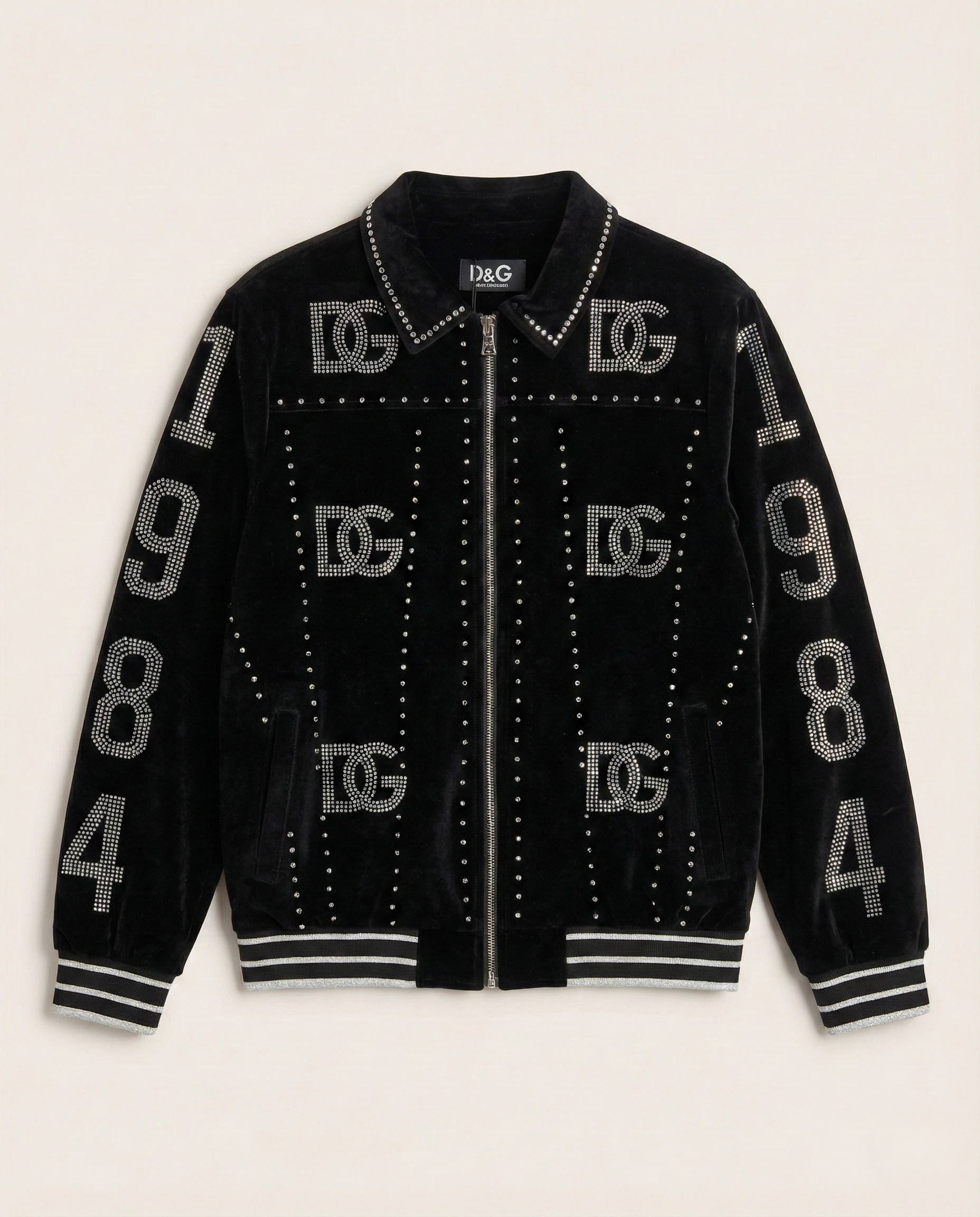 Dolce & Gabbana - "1984" Rhinestone Embellished Velvet Bomber Jacket | Black