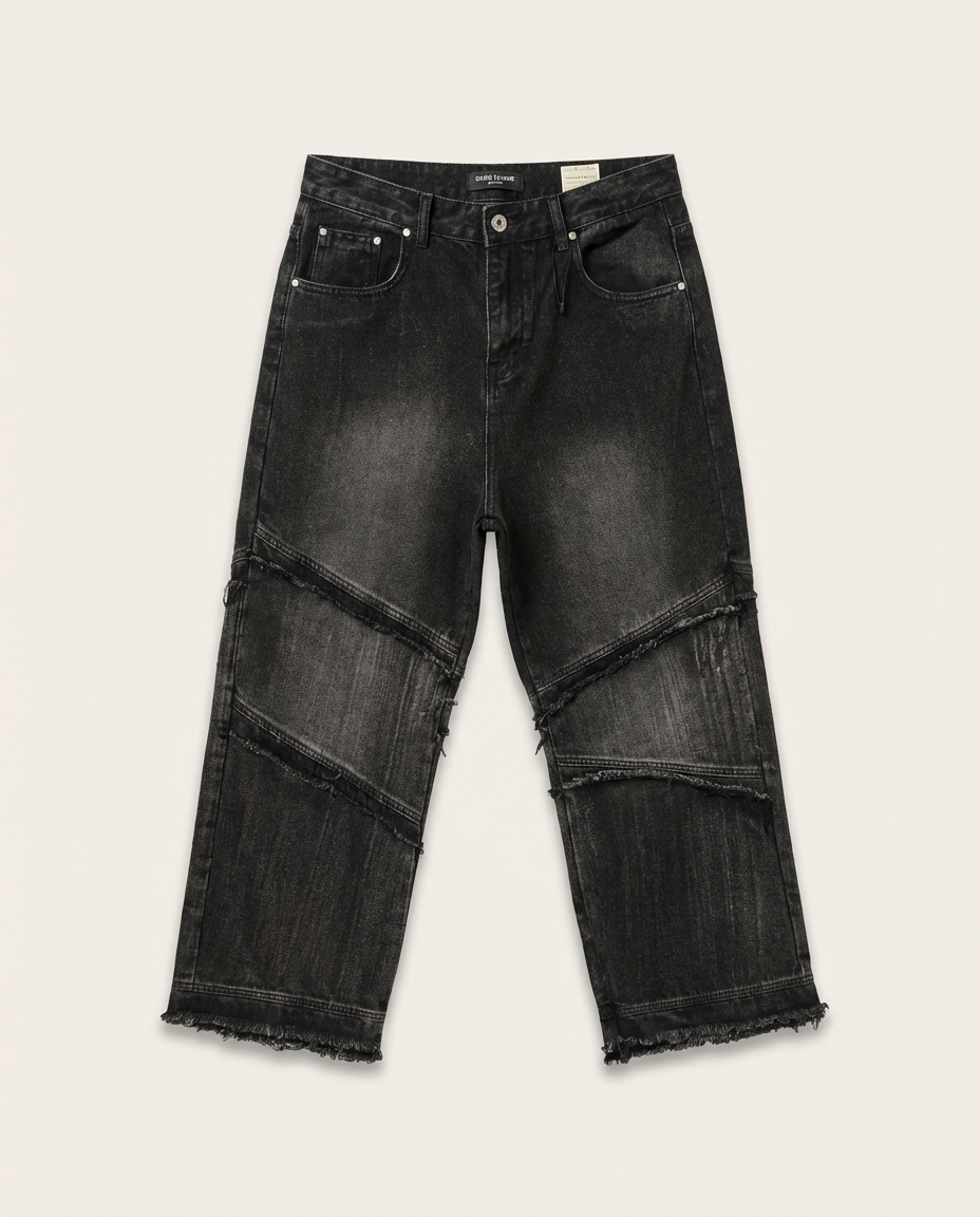 Fashion - Streetwear Relaxed Fit Black Denim Jeans with Frayed Seams