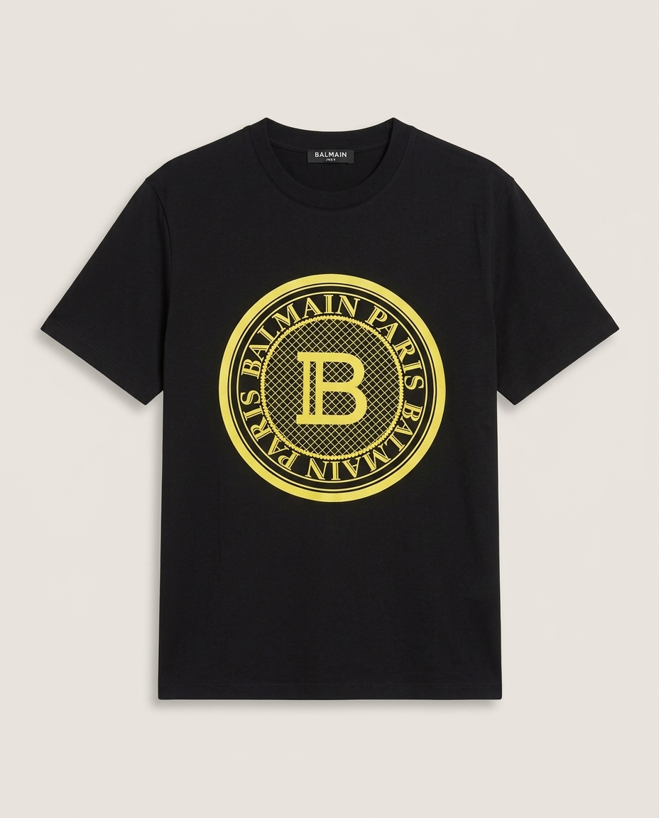Balmain - Paris Coin Logo T-Shirt - Black & Electric Yellow