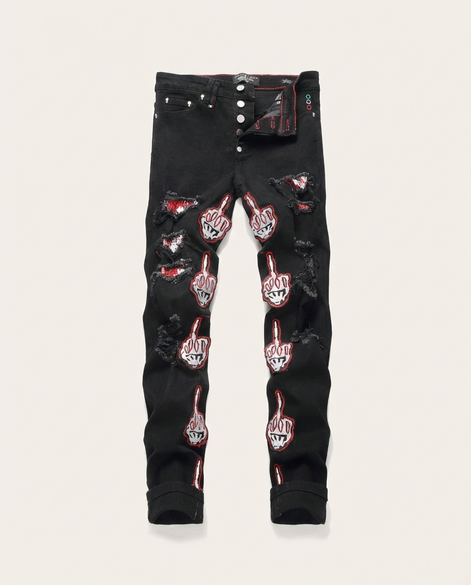 Philipp Plein - "Middle Finger" Skeleton Patch Distressed Jeans - Black