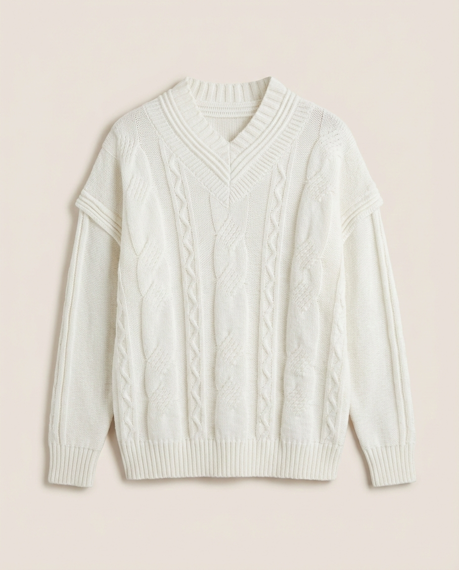 Fashion - White Cable Knit V-Neck Sweater – Layered Shoulder Detail