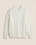 Fashion - White Cable Knit V-Neck Sweater – Layered Shoulder Detail