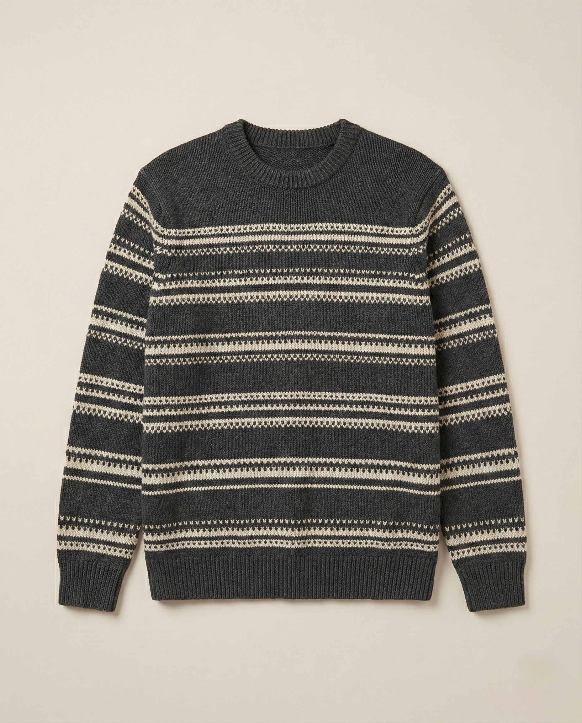 Store.eg - Men's Textured Knit Crewneck Sweater - Charcoal & Cream Stripe