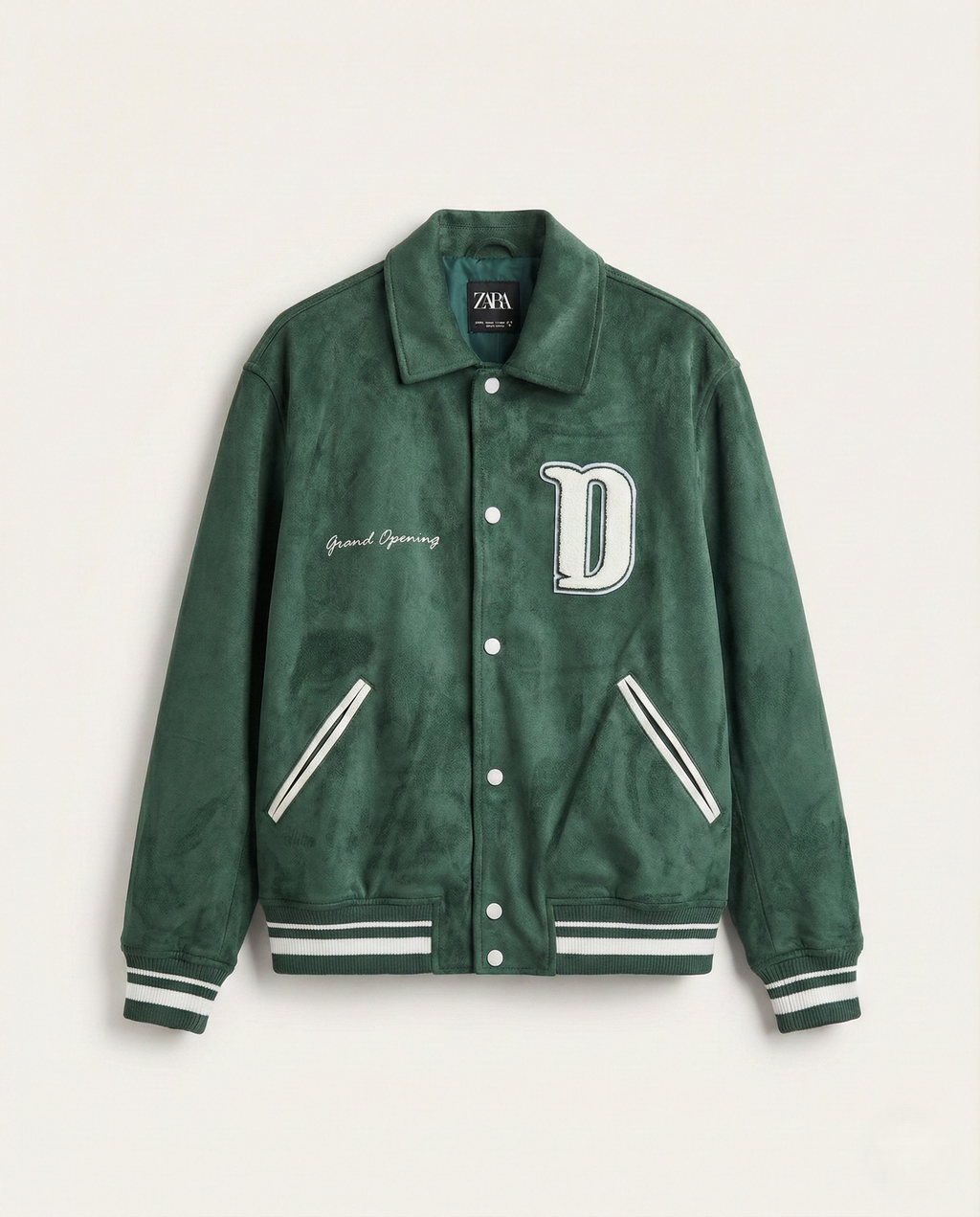 Zara "Grand Opening" Suede-Effect Varsity Jacket - Forest Green
