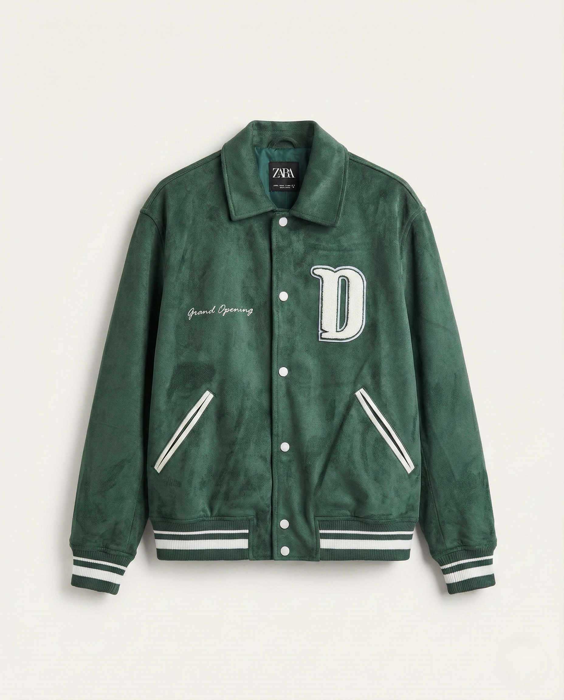 Zara "Grand Opening" Suede-Effect Varsity Jacket - Forest Green