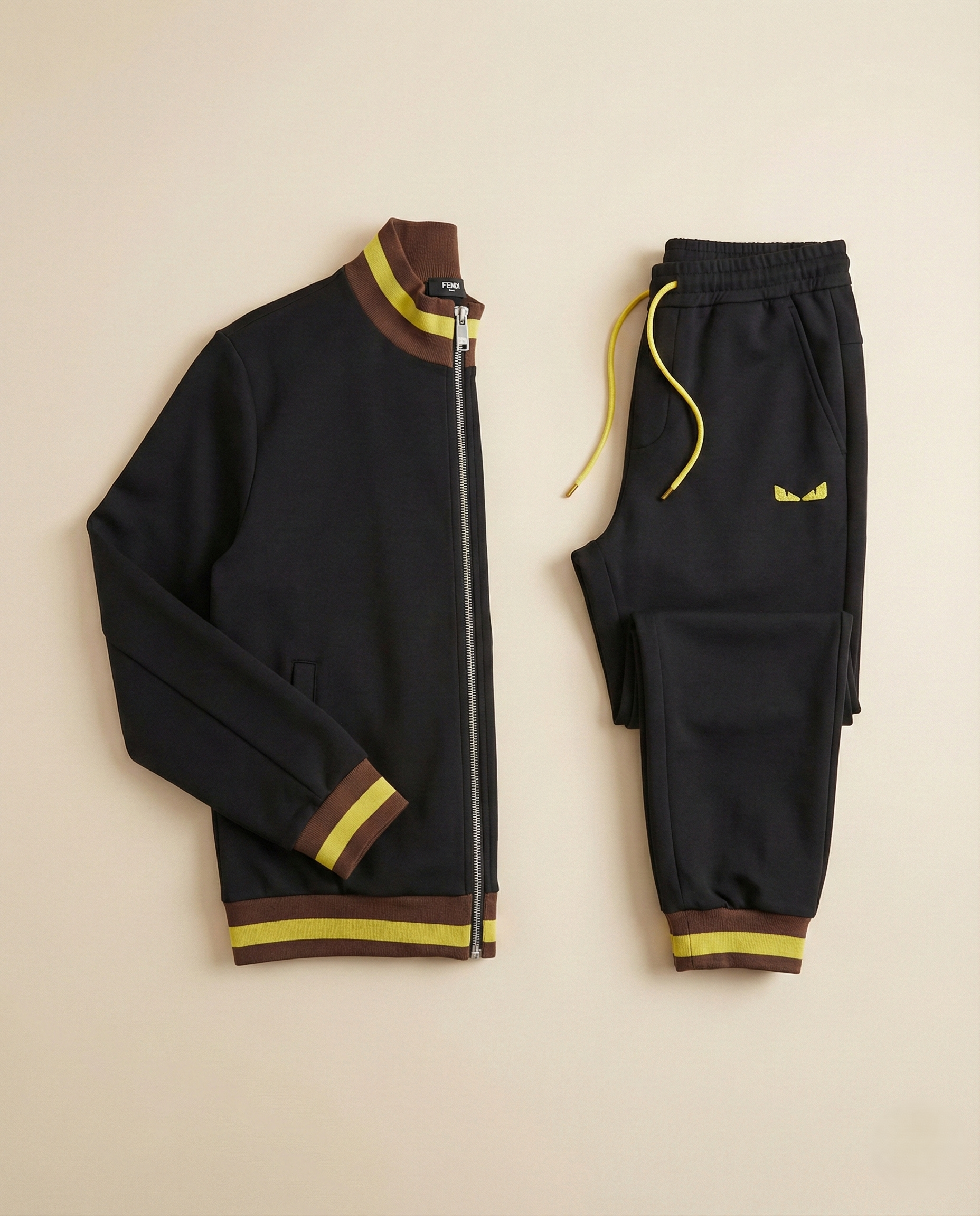 Fendi "Bag Bugs" Monster Eyes Tracksuit Set - Black with Yellow & Brown Trim