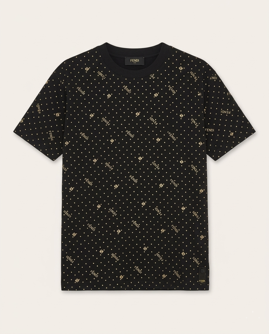 Fendi - All-Over Logo & Polka Dot T-Shirt - Black/Gold