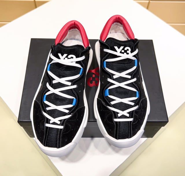 Y-3 Hicho - Platform Sneakers in Black Suede & Mesh with Red Accent