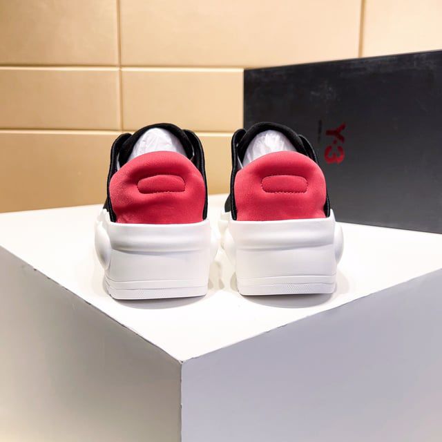 Y-3 Hicho - Platform Sneakers in Black Suede & Mesh with Red Accent