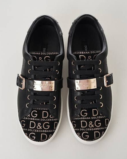 Dolce & Gabbana - Black Monogram Jacquard & Leather Sneakers with Buckle Strap