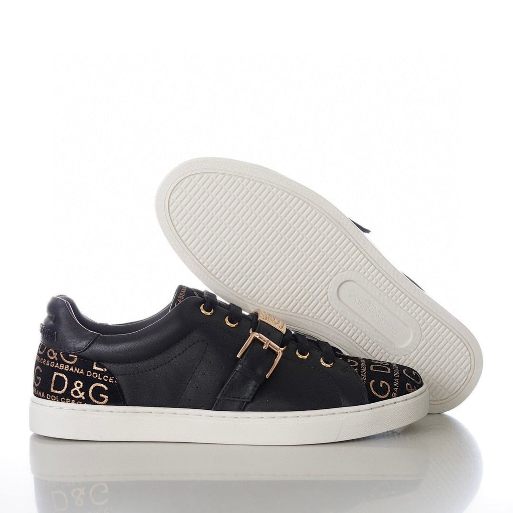Dolce & Gabbana - Black Monogram Jacquard & Leather Sneakers with Buckle Strap