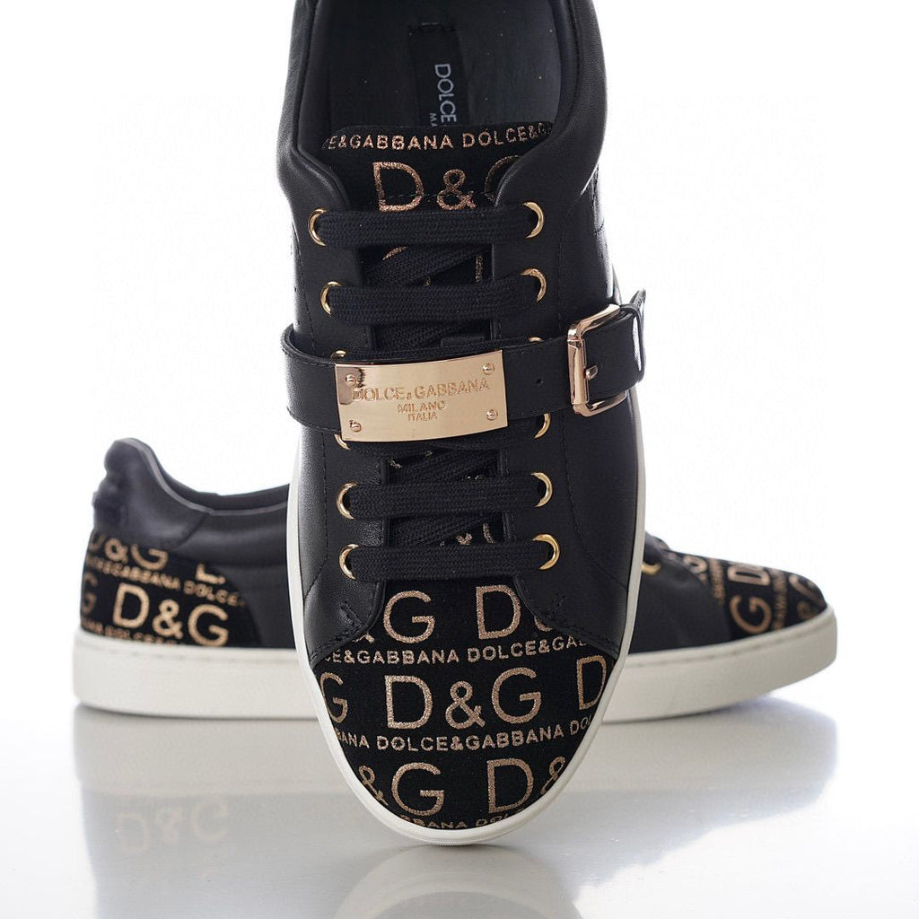 Dolce & Gabbana - Black Monogram Jacquard & Leather Sneakers with Buckle Strap