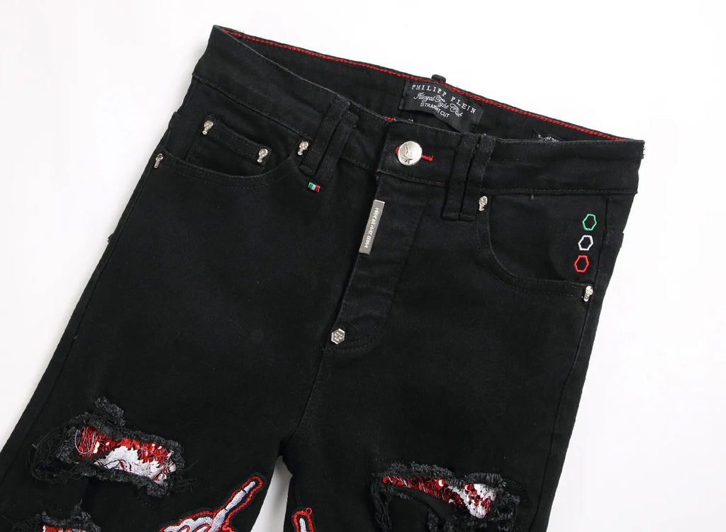 Philipp Plein - "Middle Finger" Skeleton Patch Distressed Jeans - Black