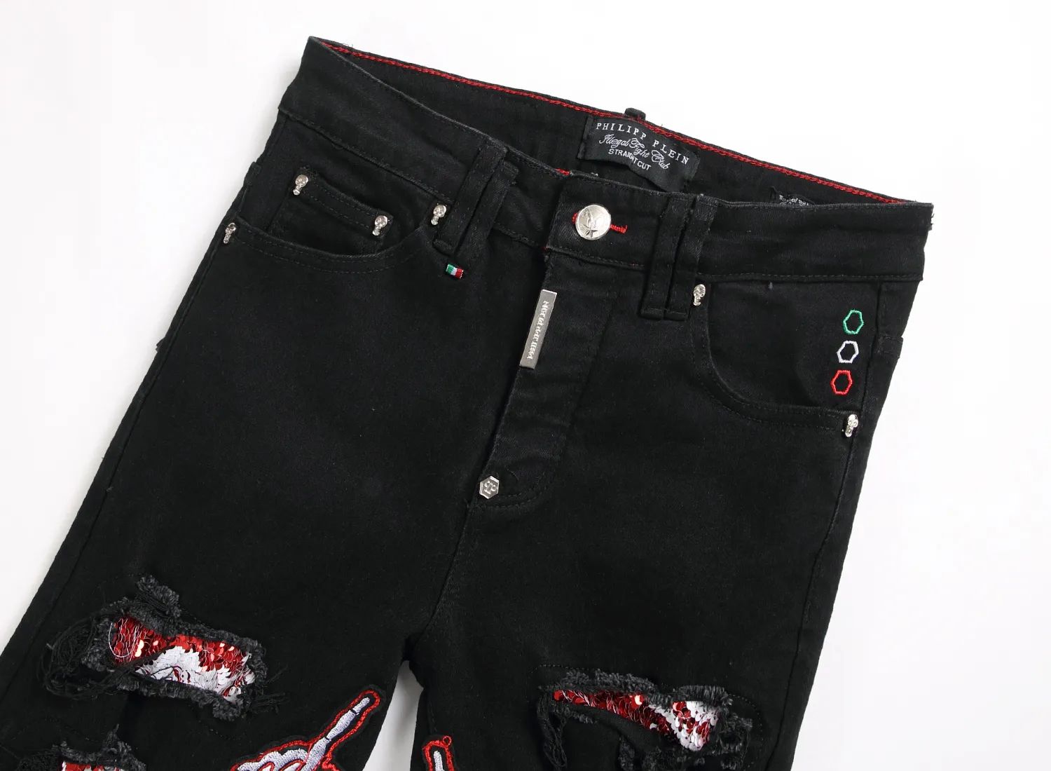 Philipp Plein - "Middle Finger" Skeleton Patch Distressed Jeans - Black