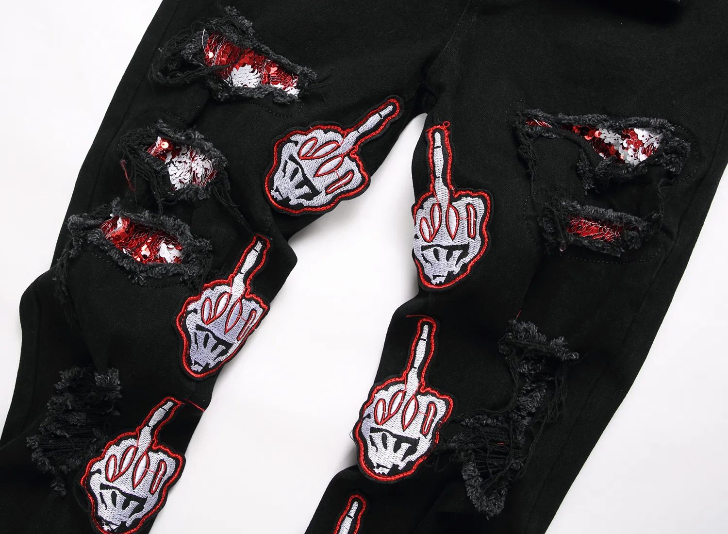 Philipp Plein - "Middle Finger" Skeleton Patch Distressed Jeans - Black