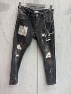 2Y Premium - Distressed Paint-Splatter Jeans with Chain | Vintage Black