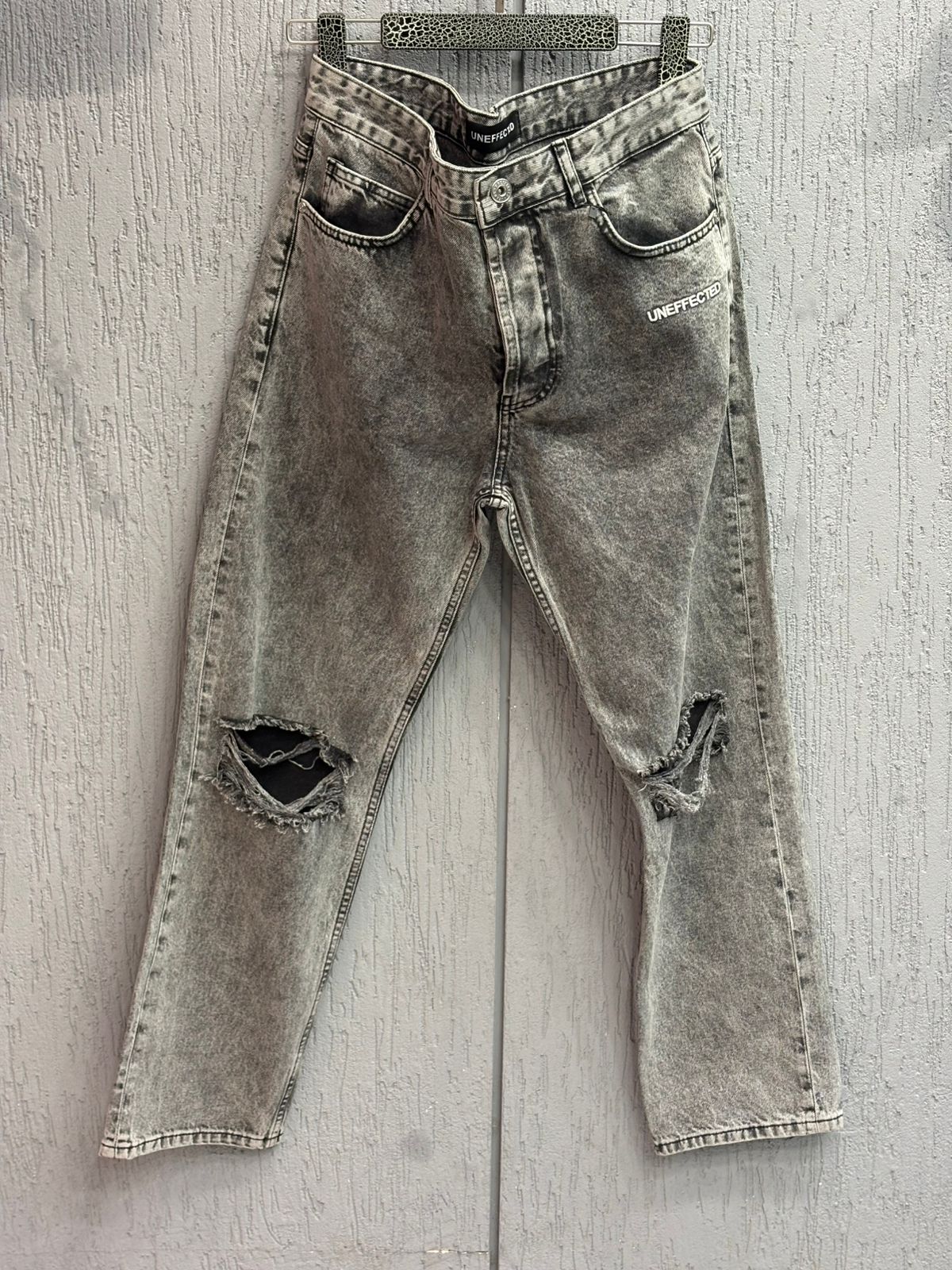 Uneffected - Distressed Charcoal Acid Wash Jeans | Signature Embroidery