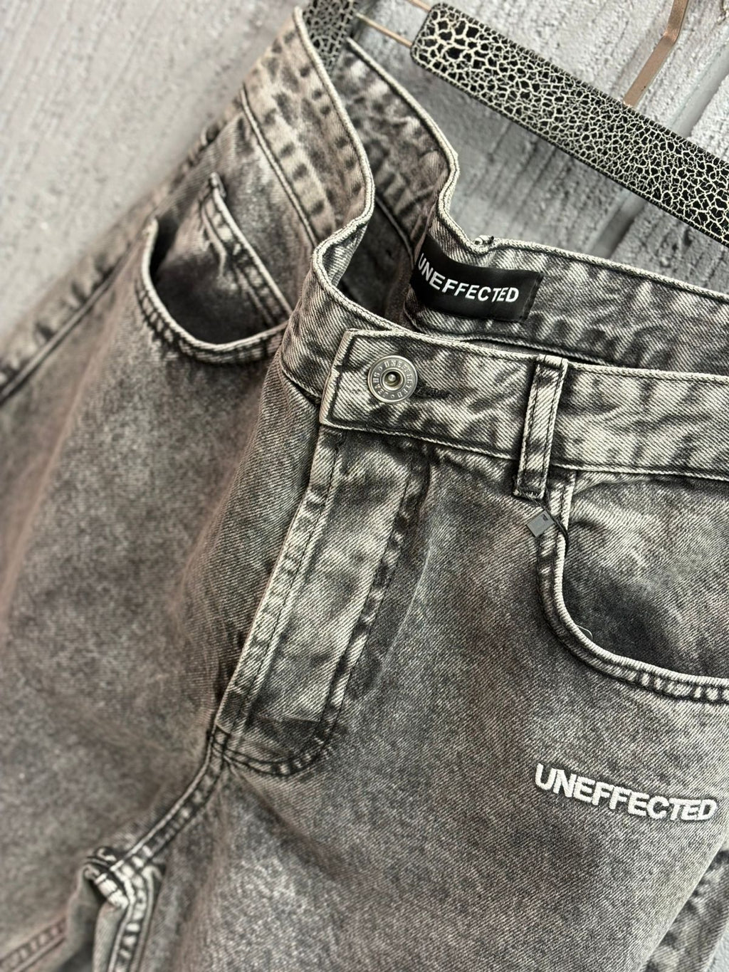 Uneffected - Distressed Charcoal Acid Wash Jeans | Signature Embroidery
