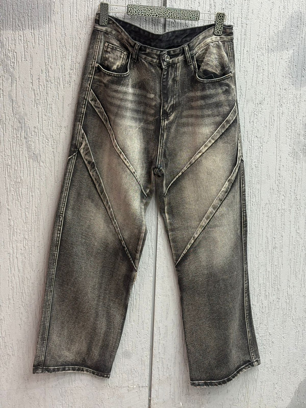Fashion - Vintage Wash Geometric Panel Wide-Leg Jeans – Faded Charcoal