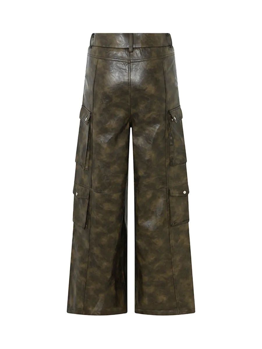 DDNPHH - Heavy Oil-Wash Vegan Leather Cargo Trousers – Dark Olive