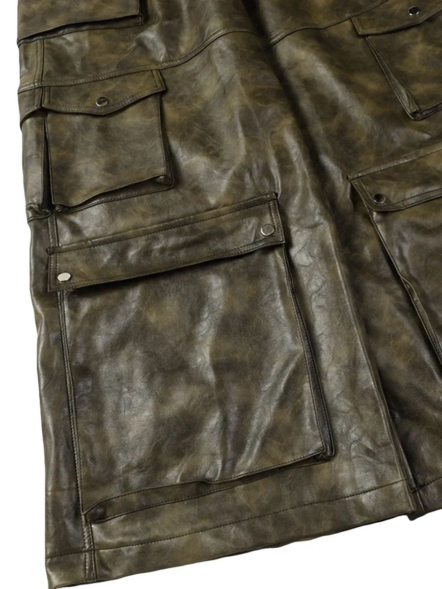 DDNPHH - Heavy Oil-Wash Vegan Leather Cargo Trousers – Dark Olive