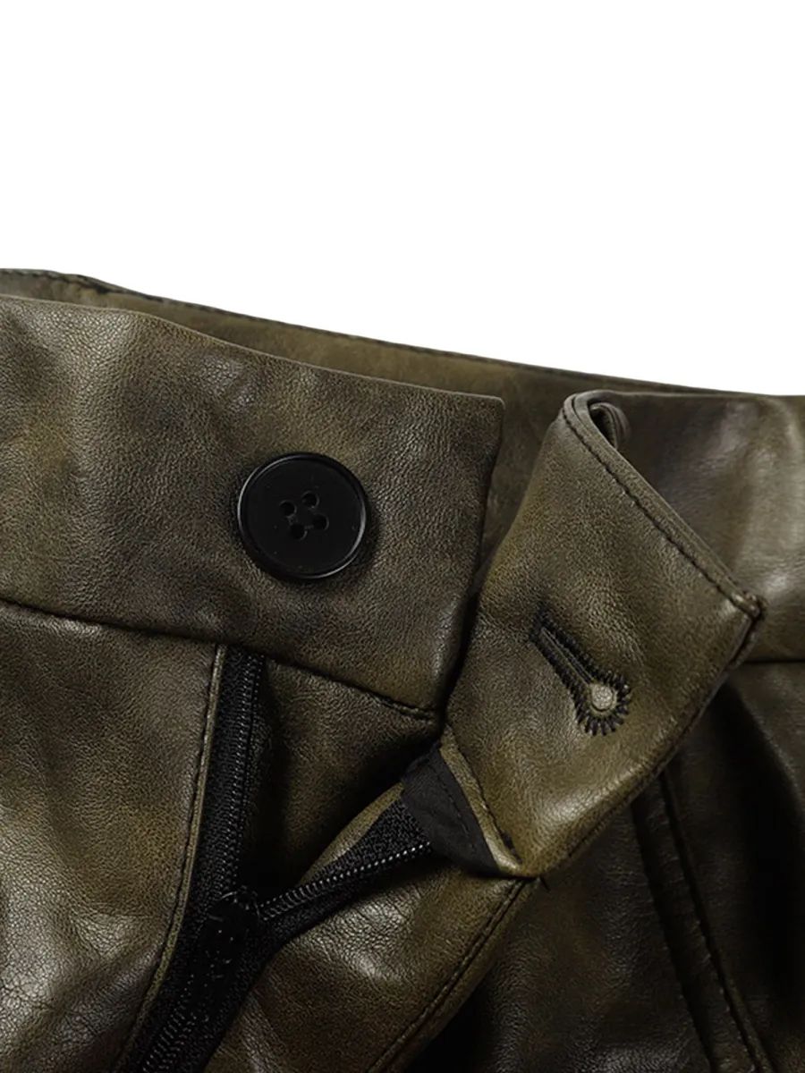 DDNPHH - Heavy Oil-Wash Vegan Leather Cargo Trousers – Dark Olive