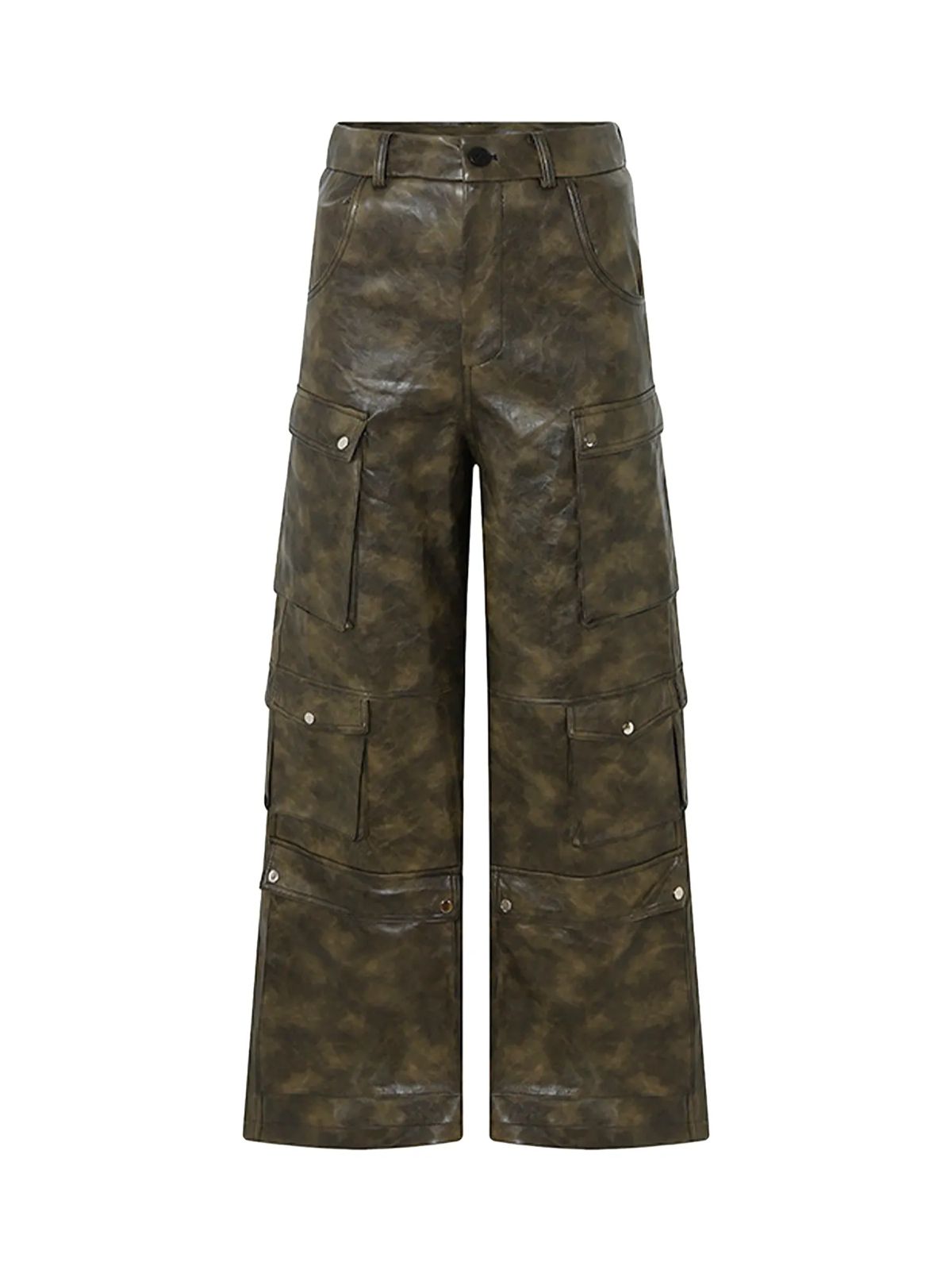DDNPHH - Heavy Oil-Wash Vegan Leather Cargo Trousers – Dark Olive
