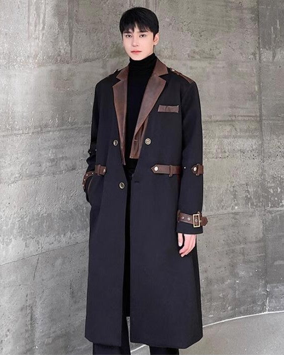 BAOFENGYU - Contrast Leather Lapel Long Trench Coat – Black
