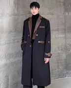 BAOFENGYU - Contrast Leather Lapel Long Trench Coat – Black