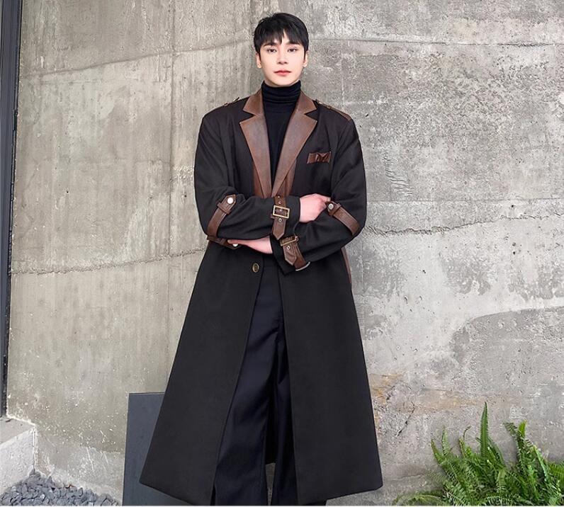 BAOFENGYU - Contrast Leather Lapel Long Trench Coat – Black