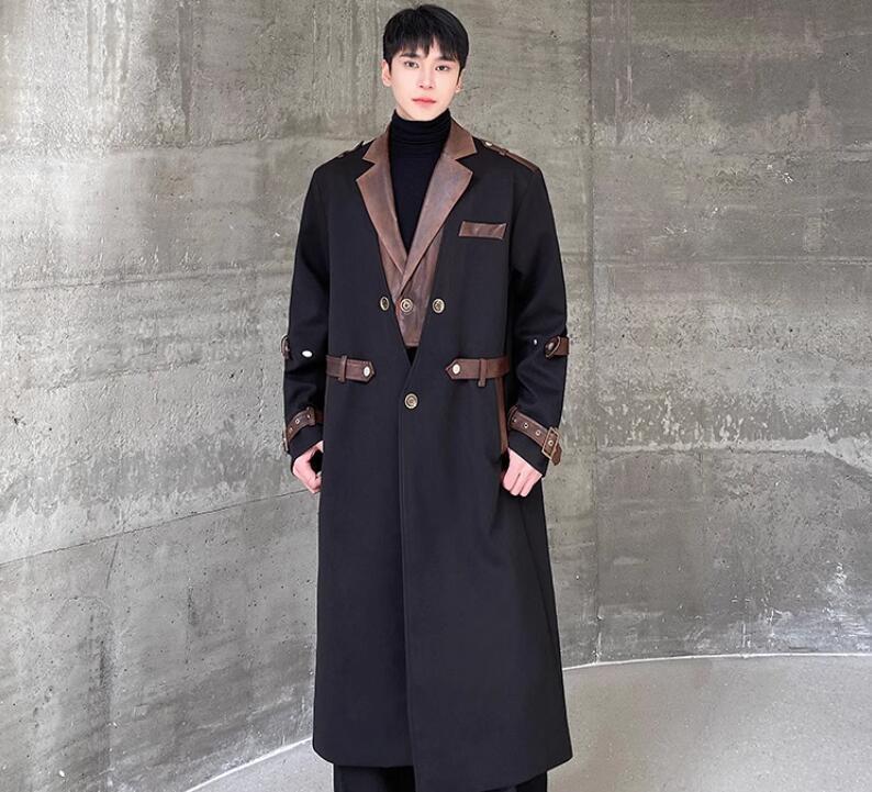 BAOFENGYU - Contrast Leather Lapel Long Trench Coat – Black