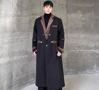 BAOFENGYU - Contrast Leather Lapel Long Trench Coat – Black
