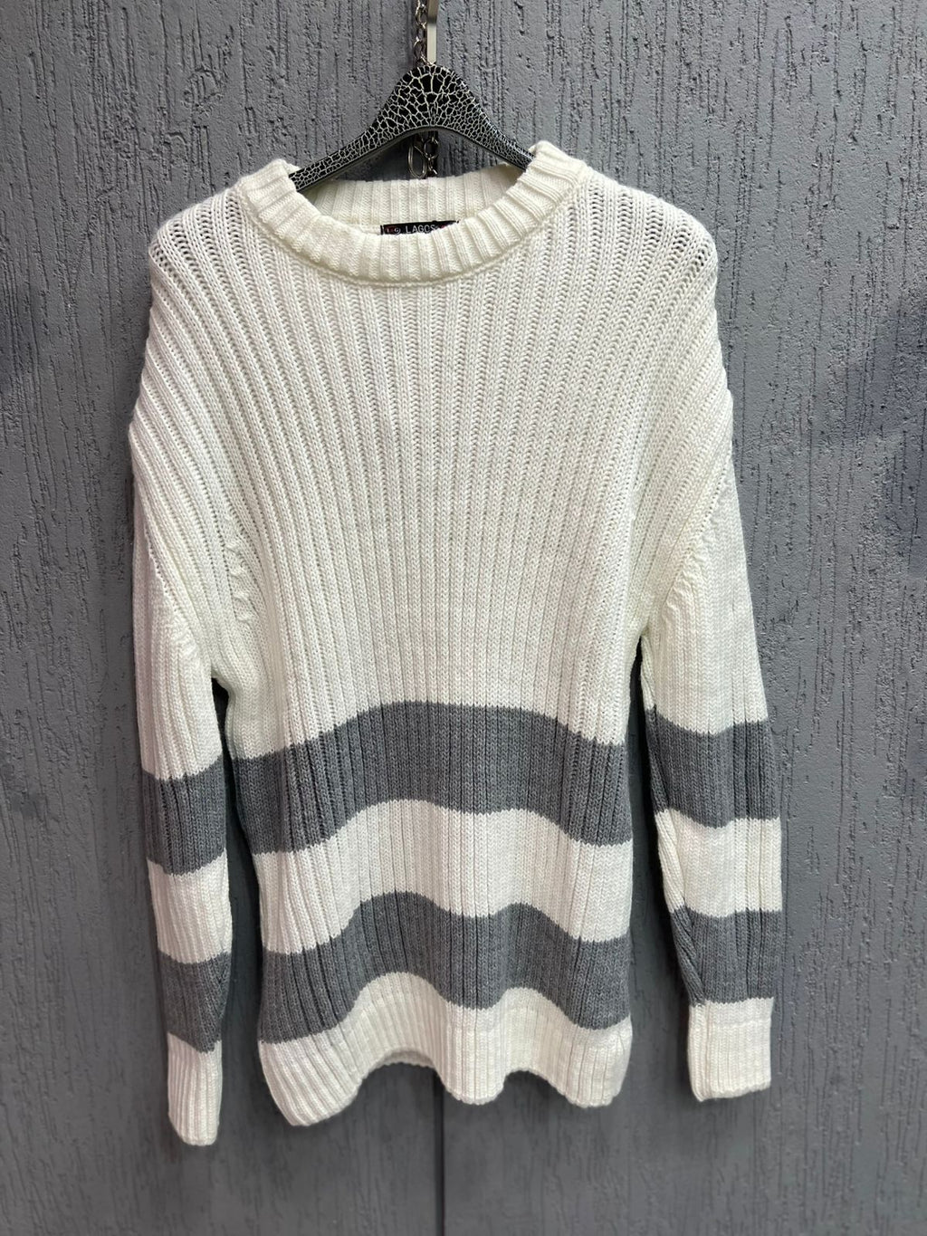 LAGOS - Signature Ribbed Knit Crewneck – Ivory & Slate Grey