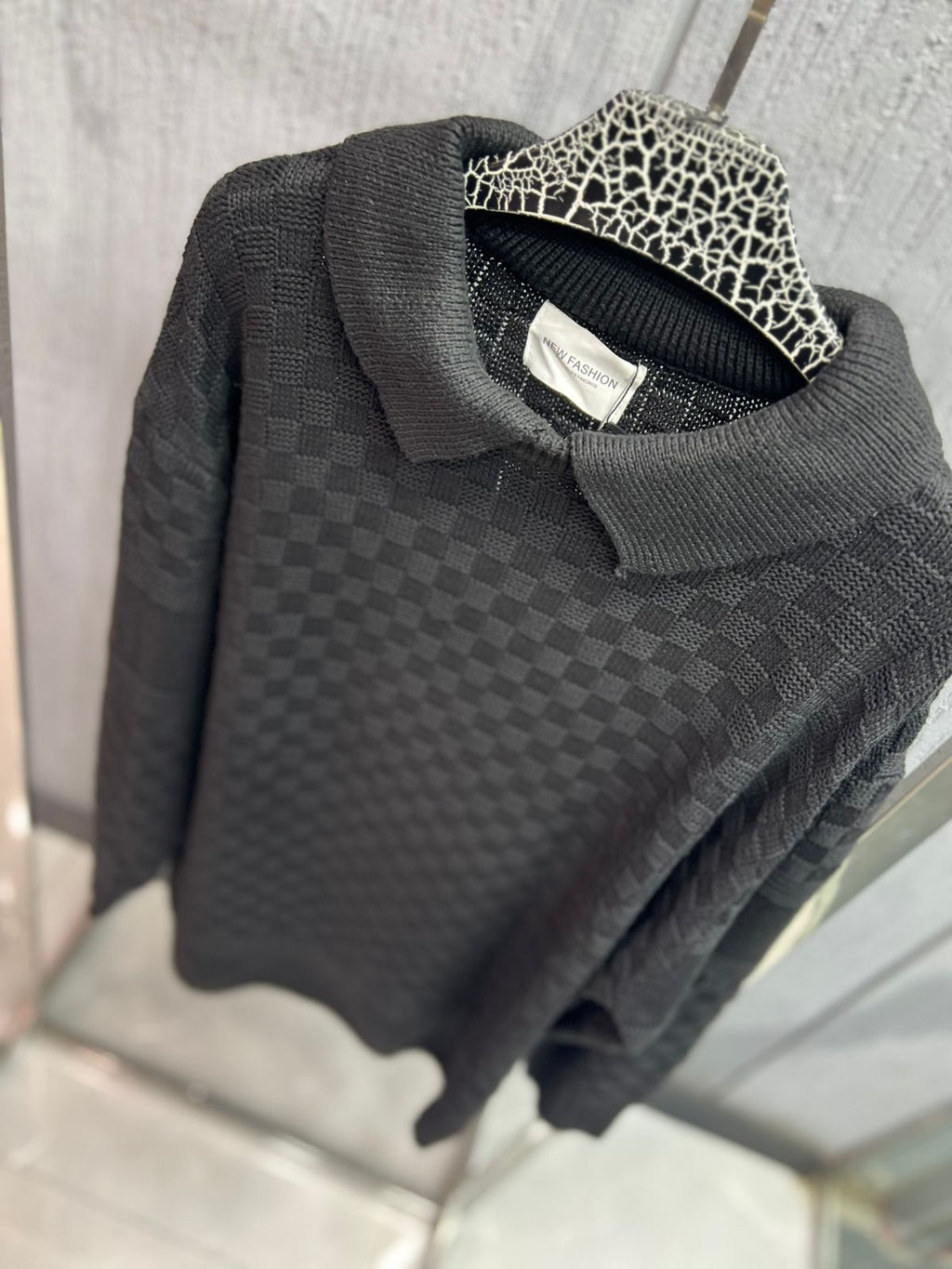 FASHION - Tonal Geometric Jacquard Polo – Onyx Black
